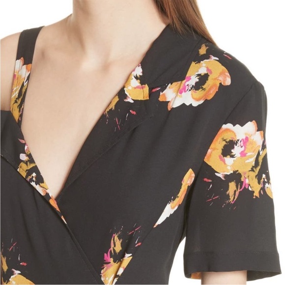 NWT A.L.C Lucia Silk Black Floral Asymmetrical Off Shoulder Faux Wrap Dress - 10 - Picture 15 of 15